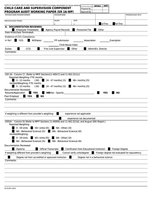 Fillable Form Sr 2a-Wp - Child Care And Supervision Component Program Audit Working Paper Printable pdf