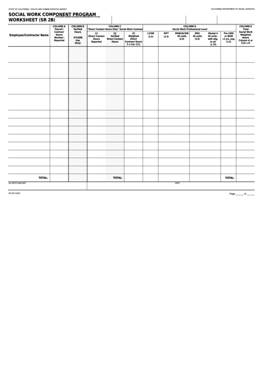 Fillable Form Sr 2b - Social Work Component Program Worksheet Printable pdf