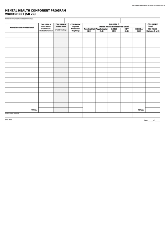 Fillable Form Sr 2c - Mental Health Component Program Worksheet Printable pdf
