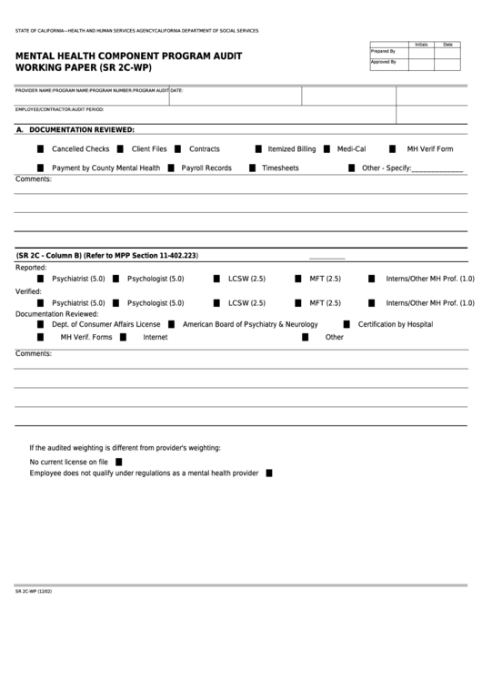 Fillable Form Sr 2c-Wp - Mental Health Component Program Audit Working Paper Printable pdf