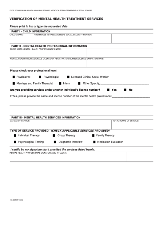Fillable Form Sr 2c Mhv - Verification Of Mental Health Treatment Services Printable pdf
