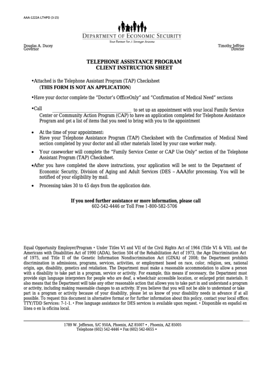 Form Aaa-1222a Lthpd - Telephone Assistance Program Client Instruction Sheet Printable pdf