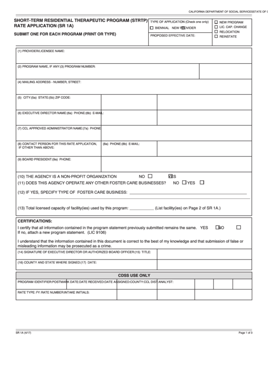 Fillable Form Sr 1a - Short-Term Residential Therapeutic Program (Strtp) Rate Application Printable pdf