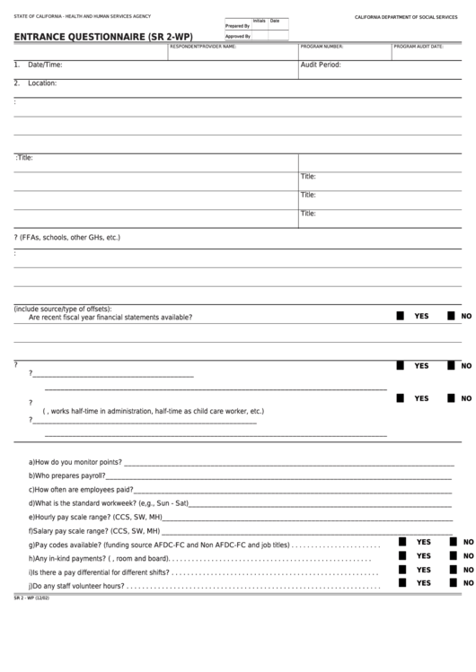 Fillable Form Sr 2-Wp - Entrance Questionnaire Printable pdf