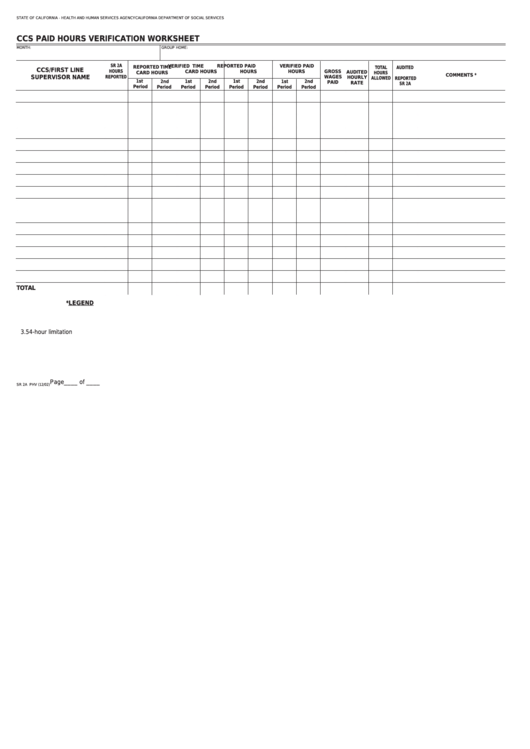 Fillable Form Sr 2a Phv - Ccs Paid Hours Verification Worksheet Printable pdf