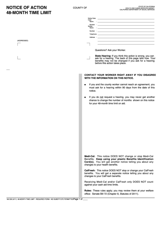 Fillable Form Na 530 - Notice Of Action - 48-Month Time Limit Printable pdf