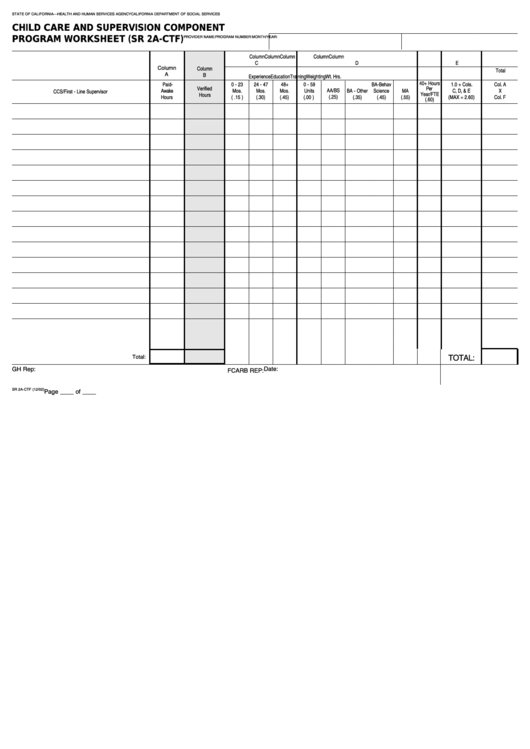 Fillable Form Sr 2a Ctf - Child Care And Supervision Component Program Worksheet Printable pdf