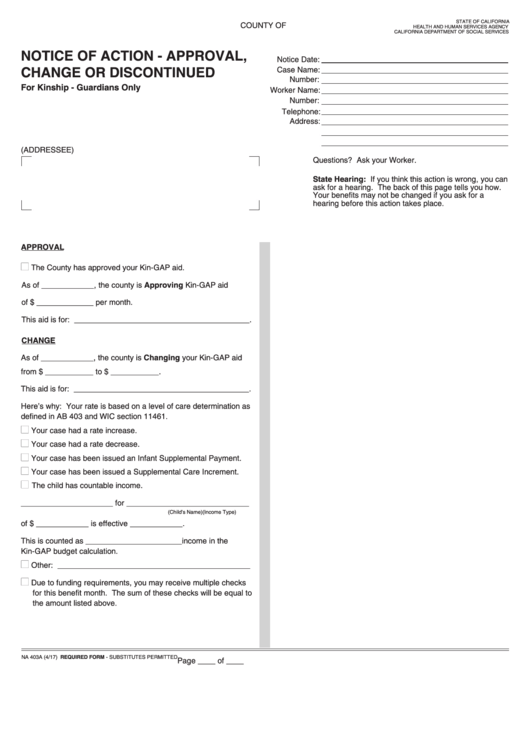 Fillable Form Na 403a - Notice Of Action - Approval, Change Or Discontinued For Kinship - Guardians Only Printable pdf
