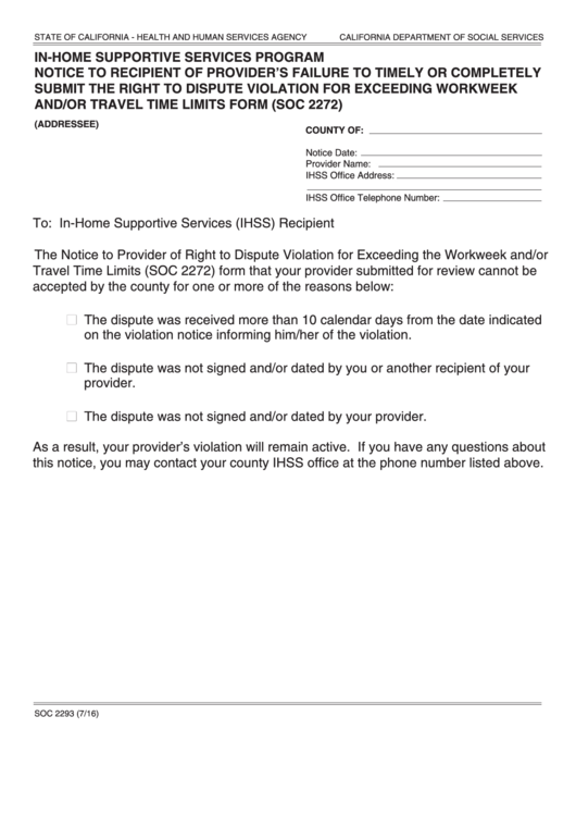 Form Soc 2293 - In-Home Supportive Services Program Notice To Recipient Of Provider
