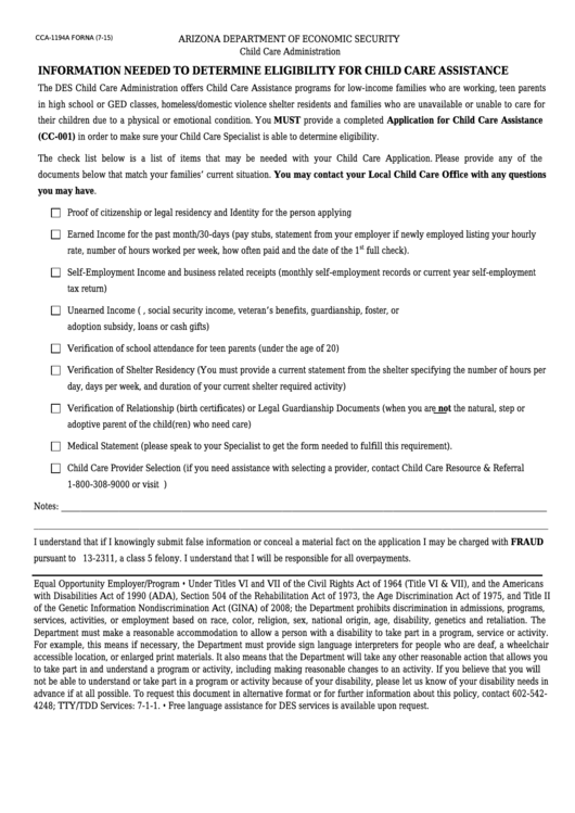 Form Cca-1194a Forna - Information Needed To Determine Eligibility For Child Care Assistance Printable pdf