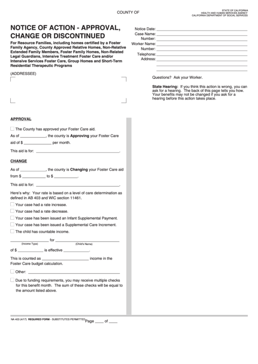 Fillable Form 403 - Notice Of Action - Approval, Change Or Discontinued Printable pdf