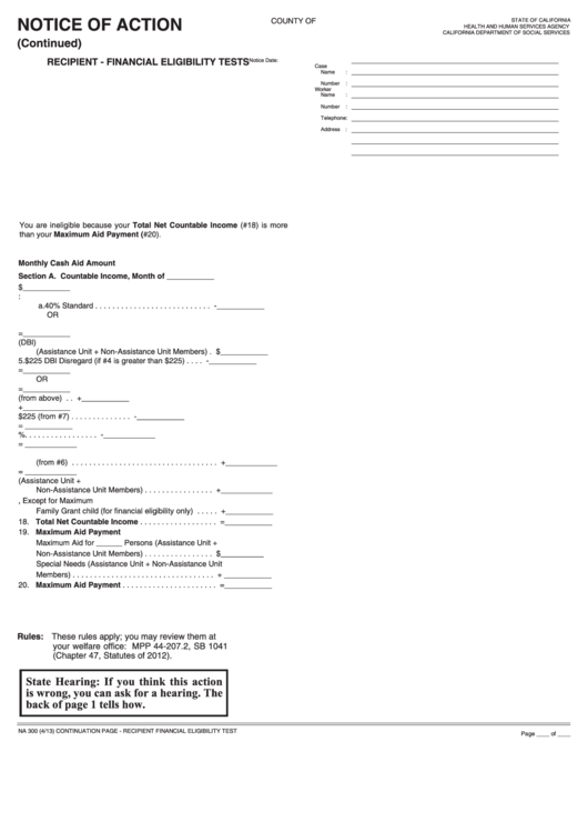 Fillable Form Na 300 - Notice Of Action (Continuation Page) - Recipient - Financial Eligibility Tests Printable pdf