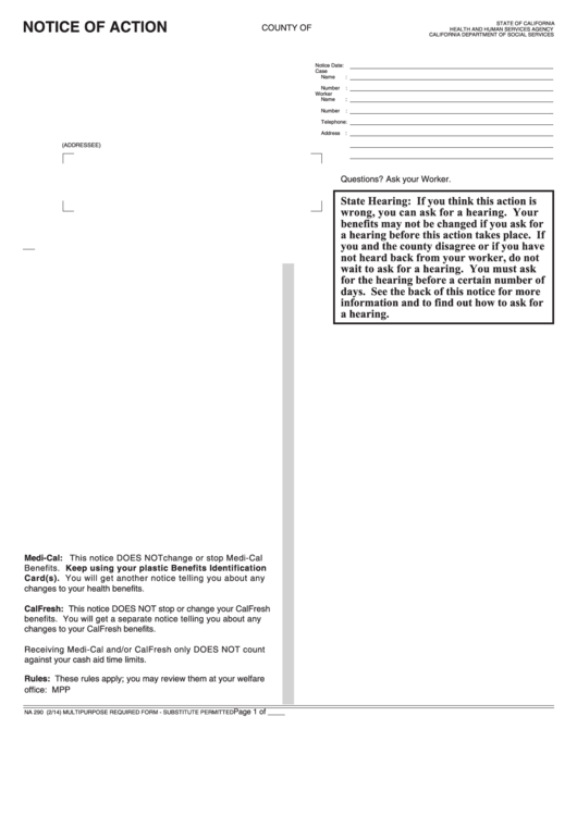 Fillable Form Na 290 - Notice Of Action - Multipurpose Printable pdf