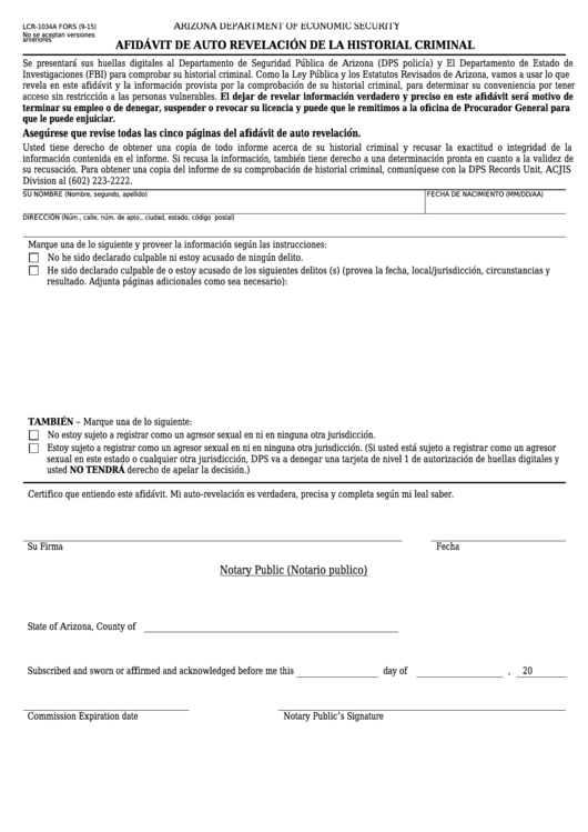 Form Lcr-1034a Fors - Afidavit De Auto Revelacion De La Historial Criminal Printable pdf