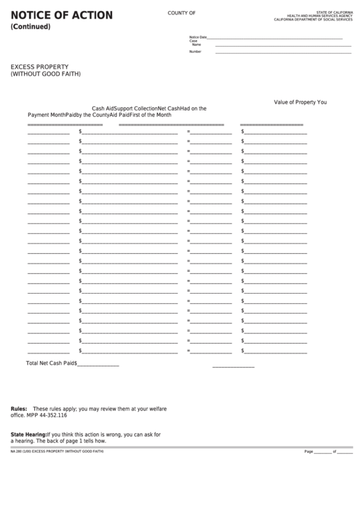Fillable Form Na 280 - Notice Of Action (Continuation Page) - Excess Property (Without Good Faith) Printable pdf