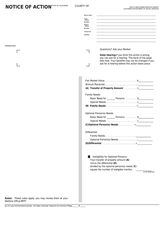 Fillable Form Na 278 - Discontinue/suspend - Optional Persons Transfer Of Property Printable pdf