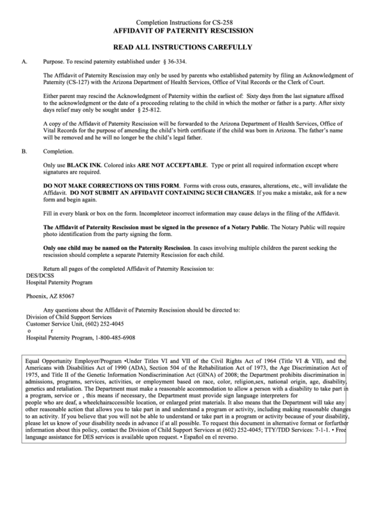 Form Cs-258 - Affidavit Of Paternity Rescission Printable pdf
