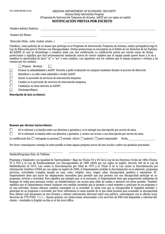 Fillable Form Gci-1050b Rapds - Notificacion Previa Por Escrito Printable pdf