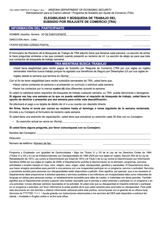 Fillable Form Taa-1026a Forffs - Elegibilidad Y Busqueda De Trabajo Del Subsidio Por Reajuste De Comercio (Tra) Printable pdf