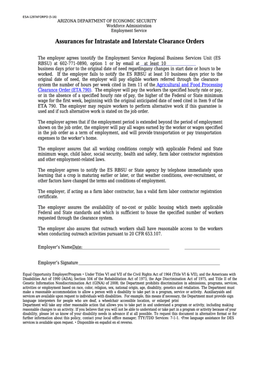 Form Esa-1297a Forpd - Assurances For Intrastate And Interstate Clearance Orders Printable pdf