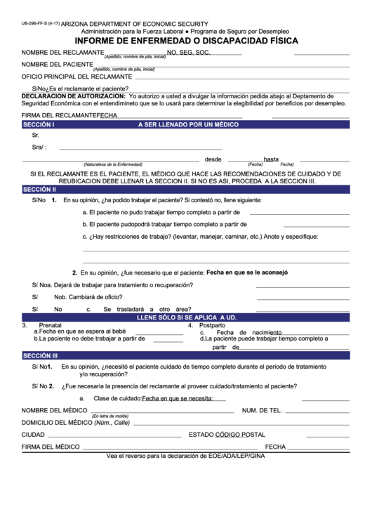Fillable Form Ub-296ff-S - Informe De Enfermedad O Discapacidad Fisica Printable pdf