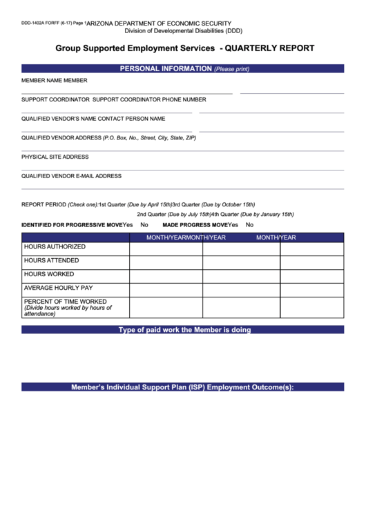 Fillable Form Ddd-1402a Forff - Group Supported Employment Services Quarterly Report Printable pdf