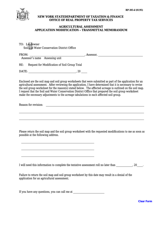 Fillable Form Rp-305-D - Agricultural Assessment Application Modification - Transmittal Memorandum Printable pdf