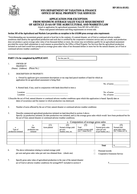 Fillable Form Rp-305-B - Application For Exception From Minimum Average Sales Value Requirement Printable pdf