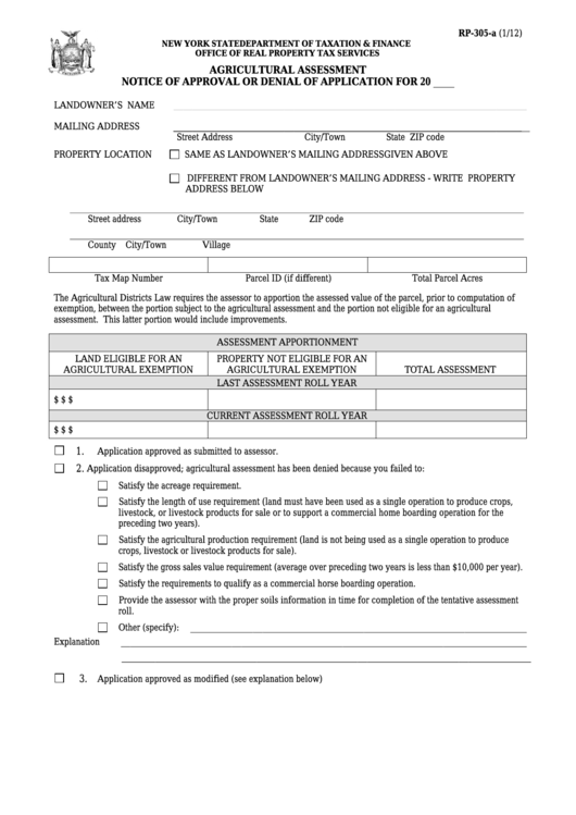 Fillable Form Rp-305-A - Agricultural Assessment Notice Of Approval Or Denial Of Application Printable pdf