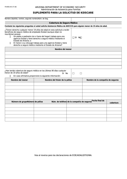 Fillable Form Fa-001-K-S - Suplemento Para La Solicitud De Kidscare Printable pdf