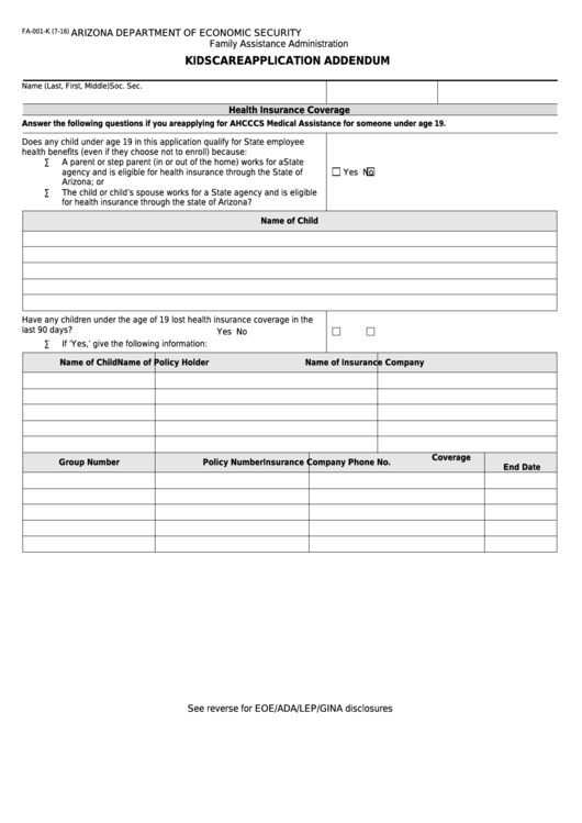 Fillable Form Fa-001-K - Kidscare Application Addendum Printable pdf