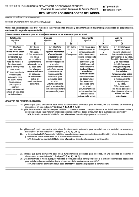 Fillable Form Gci-1021c-S - Resumen De Los Indicadores Del Nino/a Printable pdf