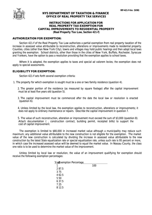Instructions For Form Rp-421-F-Ins - Application For Real Property Tax Exemption For Capital Improvements To Residential Property Printable pdf