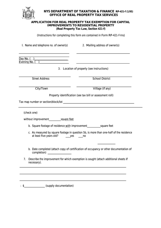 Fillable Form Rp-421-F - Application For Real Property Tax Exemption For Capital Improvements To Residential Property Printable pdf