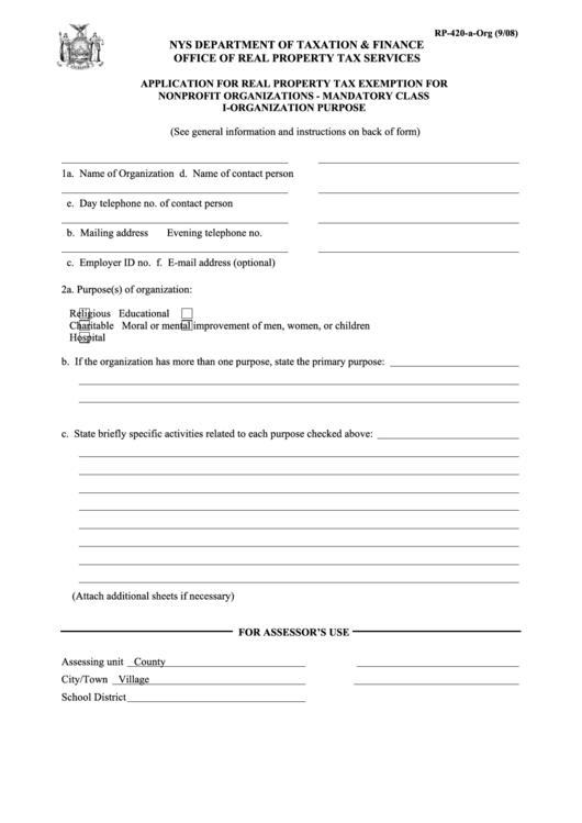 Fillable Form Rp-420-A-Org - Application For Real Property Tax Exemption For Nonprofit Organizations - Mandatory Class I-Organization Purpose Printable pdf
