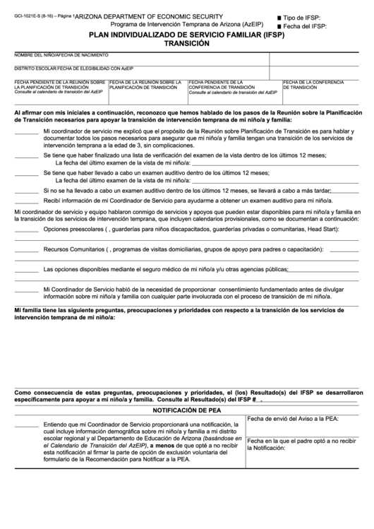 Fillable Form Gci-1021e-S - Plan Individualizado De Servicio Familiar (Ifsp) Transicion Printable pdf