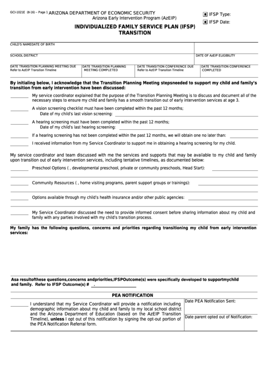 Fillable Form Gci-1021e - Individualized Family Service Plan (Ifsp) Transition Printable pdf