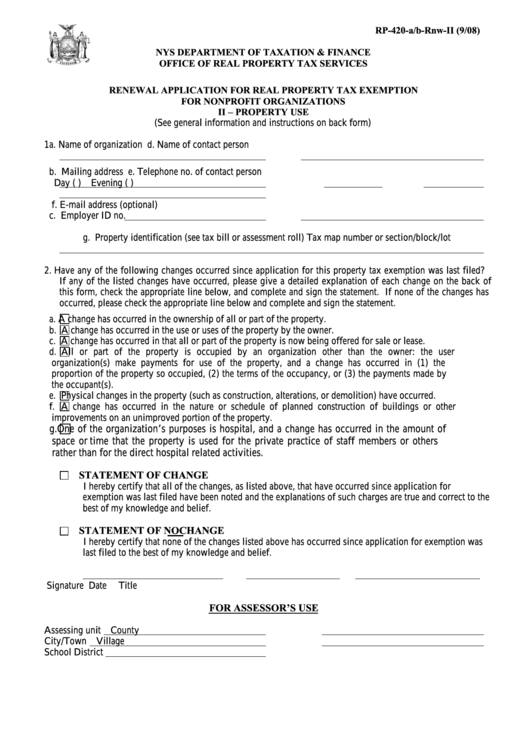 Fillable Form Rp-420-A/b-Rnw-Ii - Renewal Application For Real Property Tax Exemption For Nonprofit Organizations Ii - Property Use Printable pdf