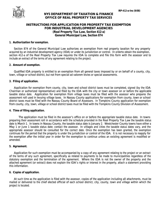 Instructions For Form Rp-412-A-Ins - Application For Property Tax Exemption For Industrial Development Agencies Printable pdf