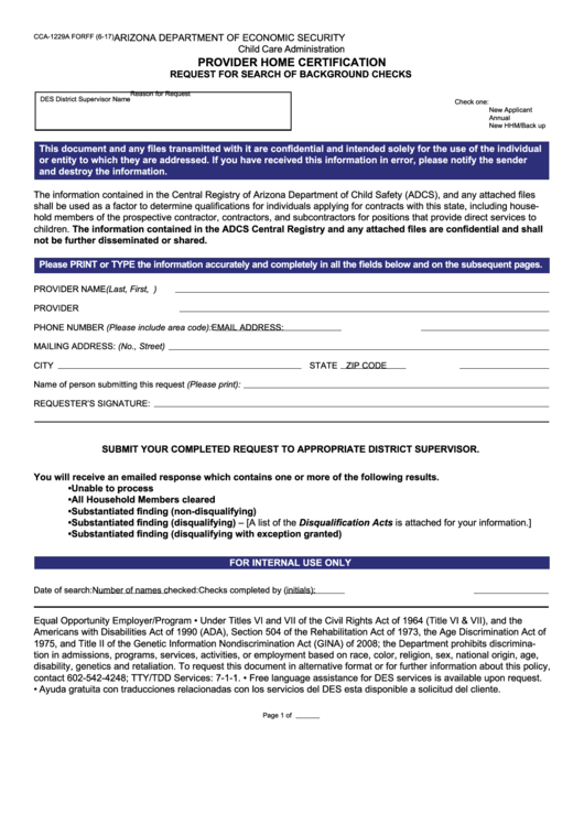 Fillable Form Cca-1229a Forff - Provider Home Certification Request For Search Of Background Checks Printable pdf