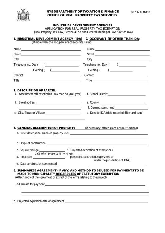 Fillable Form Rp-412-A - Industrial Development Agencies Application For Real Property Tax Exemption Printable pdf