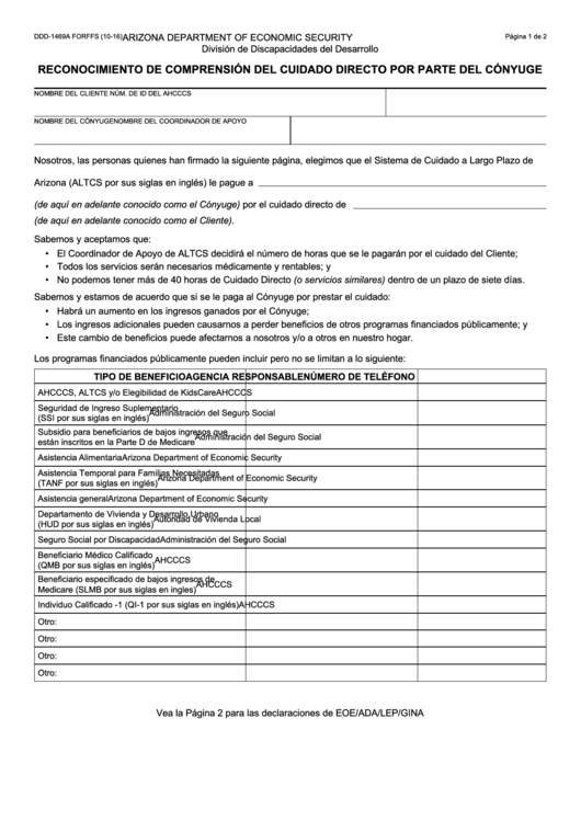 Fillable Form Ddd-1469a Forffs - Reconocimiento De Comprension Del Cuidado Directo Por Parte Del Conyuge Printable pdf