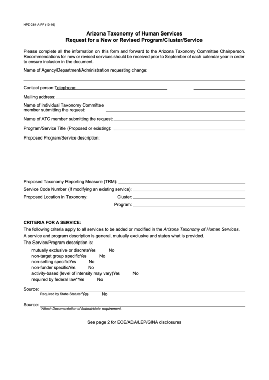 Fillable Form Hpz-034-A-Pf - Arizona Taxonomy Of Human Services - Request For A New Or Revised Program/cluster/service Printable pdf