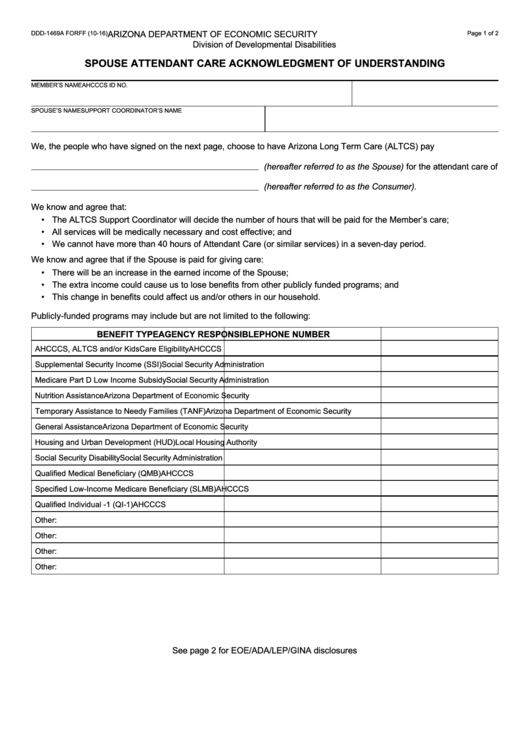 Fillable Form Ddd-1469a Forff - Spouse Attendant Care Acknowledgment Of Understanding Printable pdf