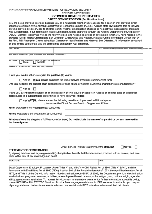 Fillable Form Cca-1228a Forff - Provider Home Certification Direct Service Position (Certification Form) Printable pdf