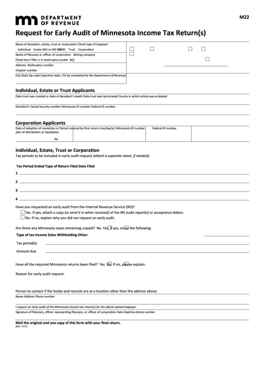 Fillable Form M22 - Request For Early Audit Of Minnesota Income Tax Return(S) Printable pdf