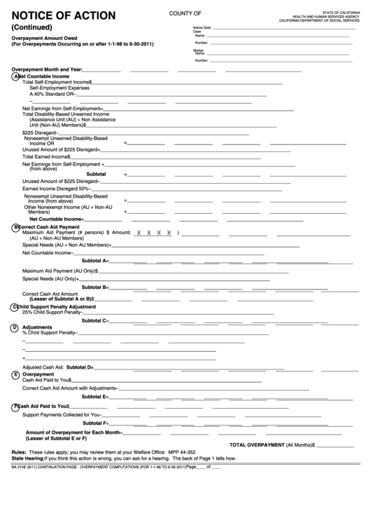 Fillable Form Na 274e - Notice Of Action (Continuation Page) - Overpayment Amount Owed (For Overpayments Occurring On Or After 1-1-98 To 6-30-2011) Printable pdf