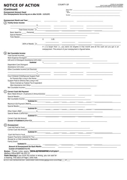 Fillable Form Na 274d - Notice Of Action (Continuation Page) - Overpayment Amount Owed (For Overpayments Occurring On Or After 9/1/95 - 12/31/97) Printable pdf