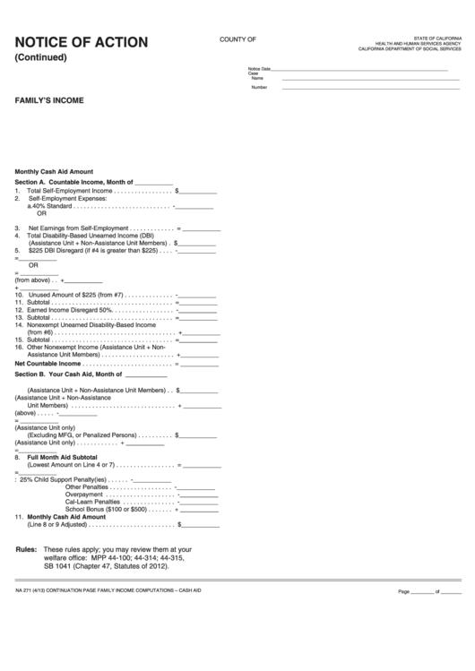 Fillable Form Na 271 - Notice Of Action (Continuation Page) - Family Income Computations - Cash Aid Printable pdf