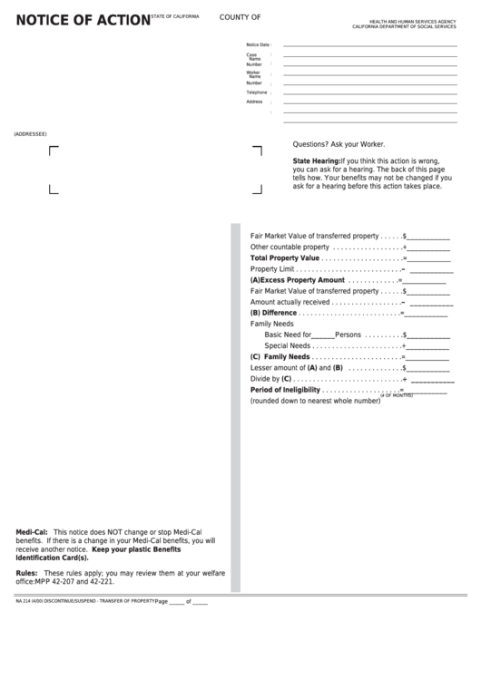 Fillable Form Na 214 - Notice Of Action - Discontinue/suspend - Transfer Of Property Printable pdf